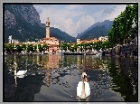 Jezioro Como, Włochy, Łabędzie, Miasteczko, Kościół, Góry