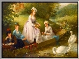 Cztery, Kobiety, Staw, Łódka, Łabędź