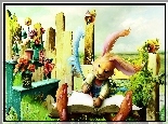 Bajecznie, Zając, Pióro, Ptaszki, Motylek, Kwiaty, Płot, Dla dzieci