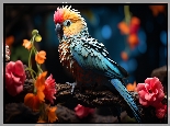 Papuga, Ptak, Kolorowy, Gałązka, Kwiaty, Grafika