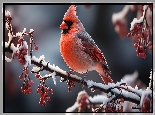 Ptak, Kardynał, Ośnieżona, Gałązka, Czerwone, Owoce