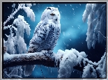 Ptak, Biały, Sowa śnieżna, Gałązki, Śnieg, Zima, Grafika