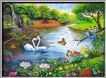 Jezioro, Kwiaty, Łabędzie, Tukany, Motyle