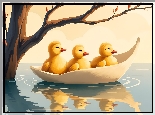 Trzy, Kaczuszki, Łódka, Staw, 2D