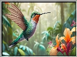 Koliber, Kolorowy, Ptak, Kwiaty, Grafika