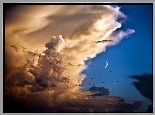 Chmury, Księżyc, Ptaki