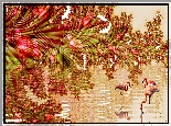 Kwiaty, Woda, Flamingi, Odbicie, Grafika 2D