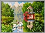 Jezioro, Park, Łabędzie, Altana
