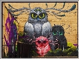 Kolorowe, Sowy, Mural, Street art