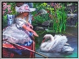 Staw, Dziewczynka, Łódka, Łabędź