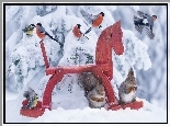 Wiewiórki, Ptaki, Konik, Drewniany, Gil