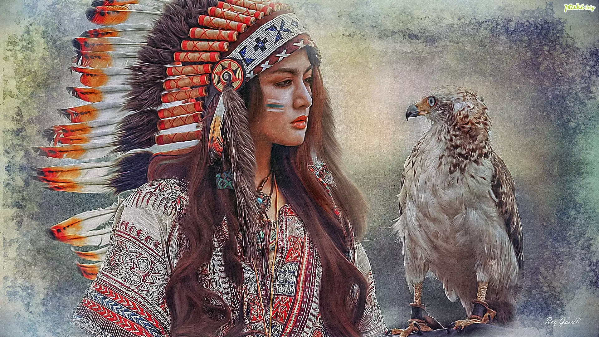 Kobieta, Indianka, Pióropusz, Ptak, Sokół, Grafika