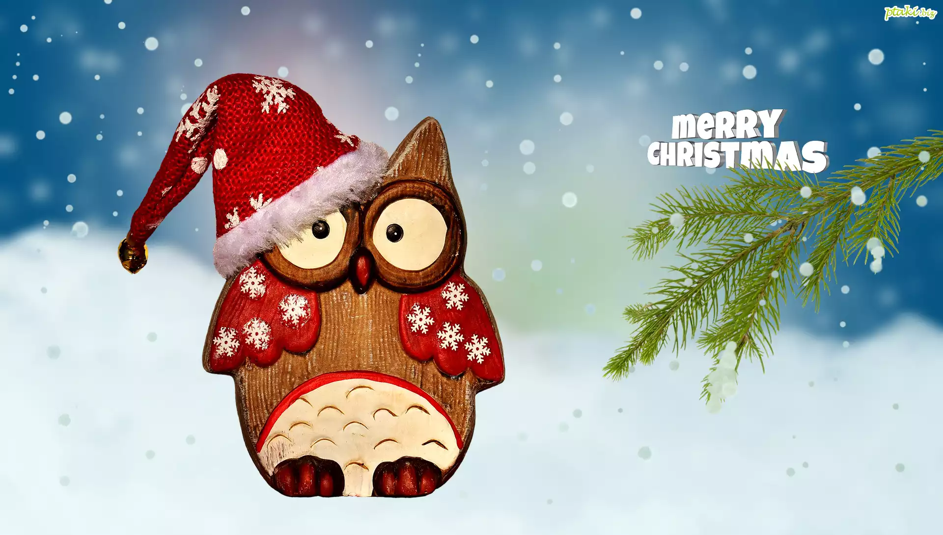 Sowa, Śnieg, Gałązka, Czapka, Merry Christmas